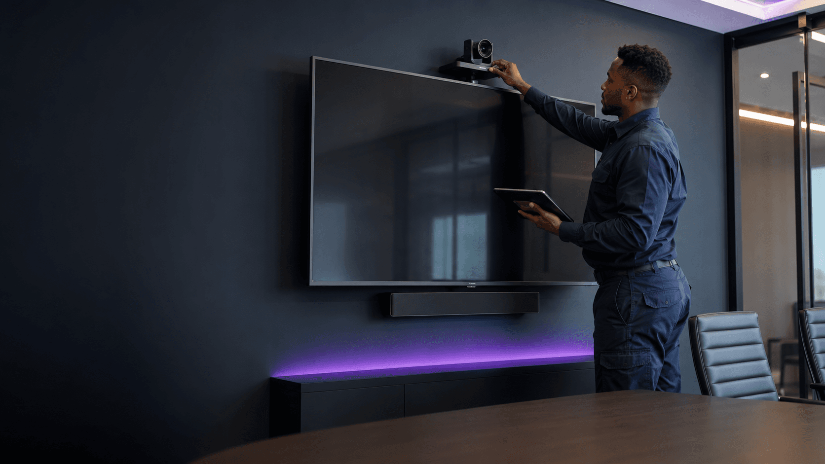 AV technician commissioning a professional meeting-room system