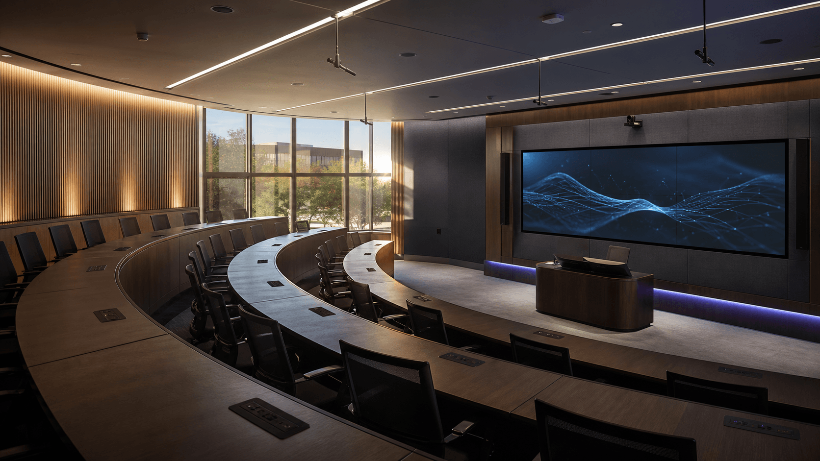 A connected auditorium with a large presentation display and tiered seating