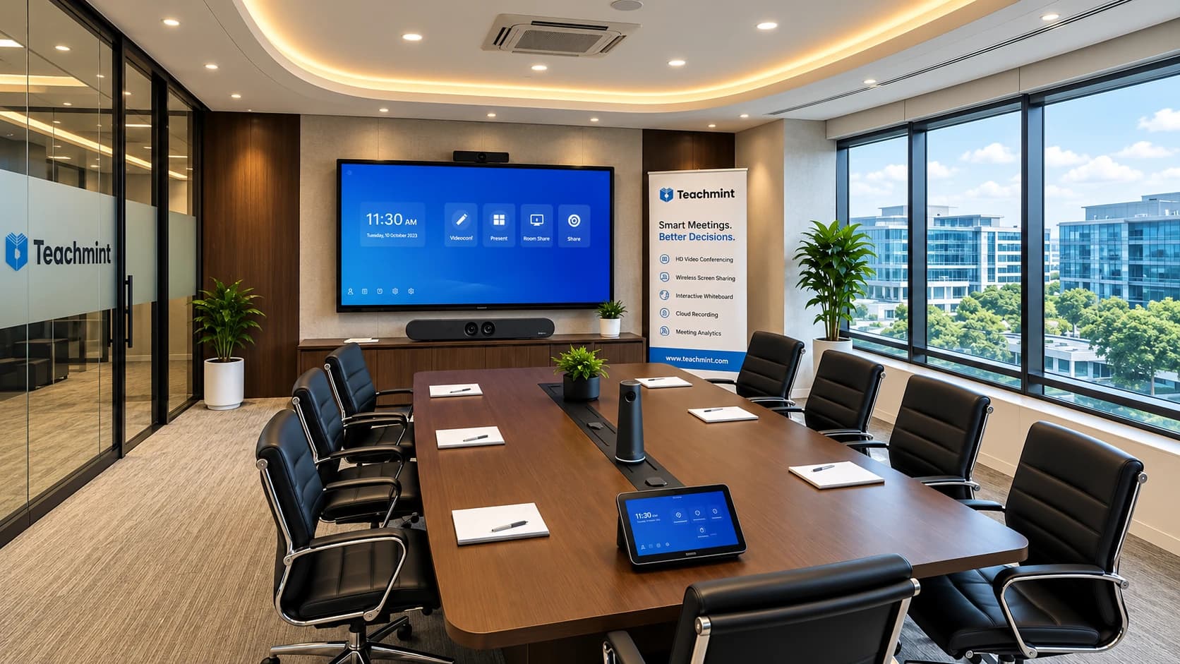 Executive boardroom with professional conferencing technology