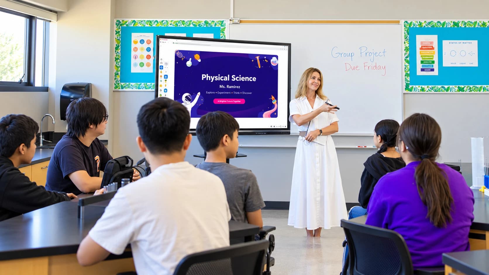 Teacher presenting a science lesson on a ViewSonic ViewBoard in a bright classroom
