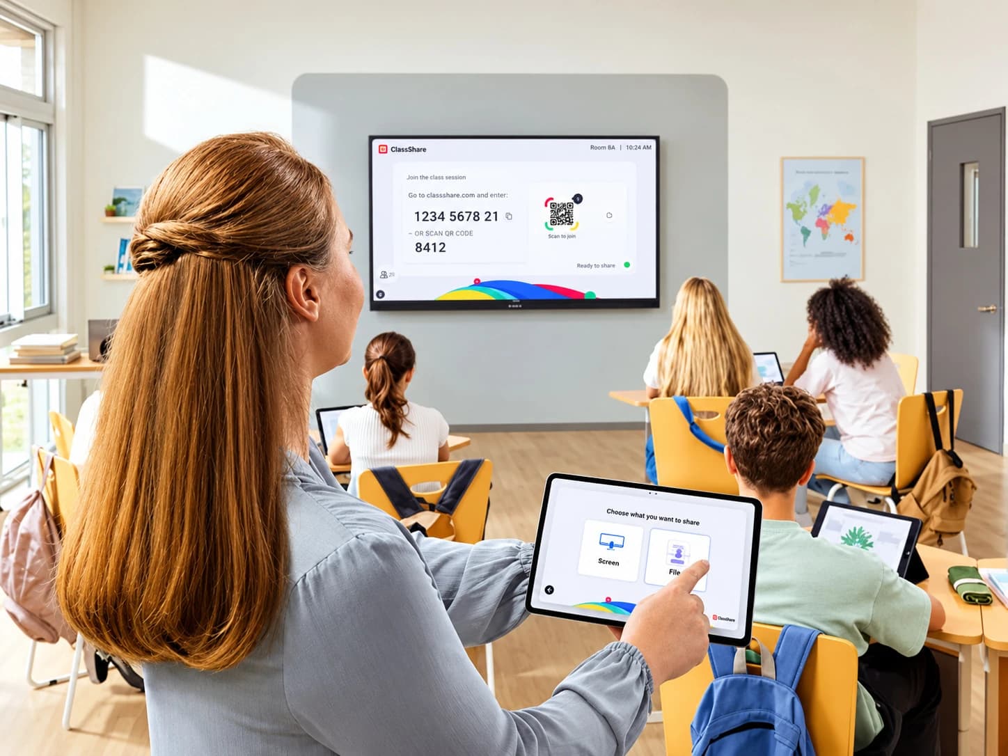 Teacher wirelessly sharing lesson content to a classroom display