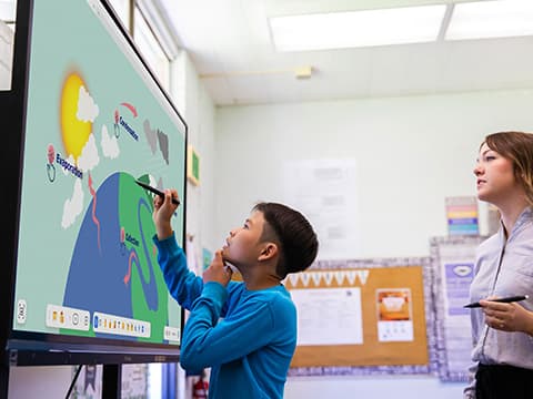 Student interacting directly with a ViewSonic classroom display