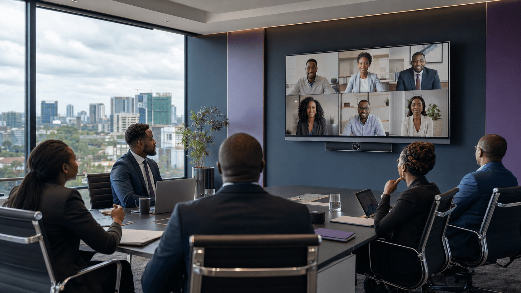 Professional hybrid meeting in a modern boardroom