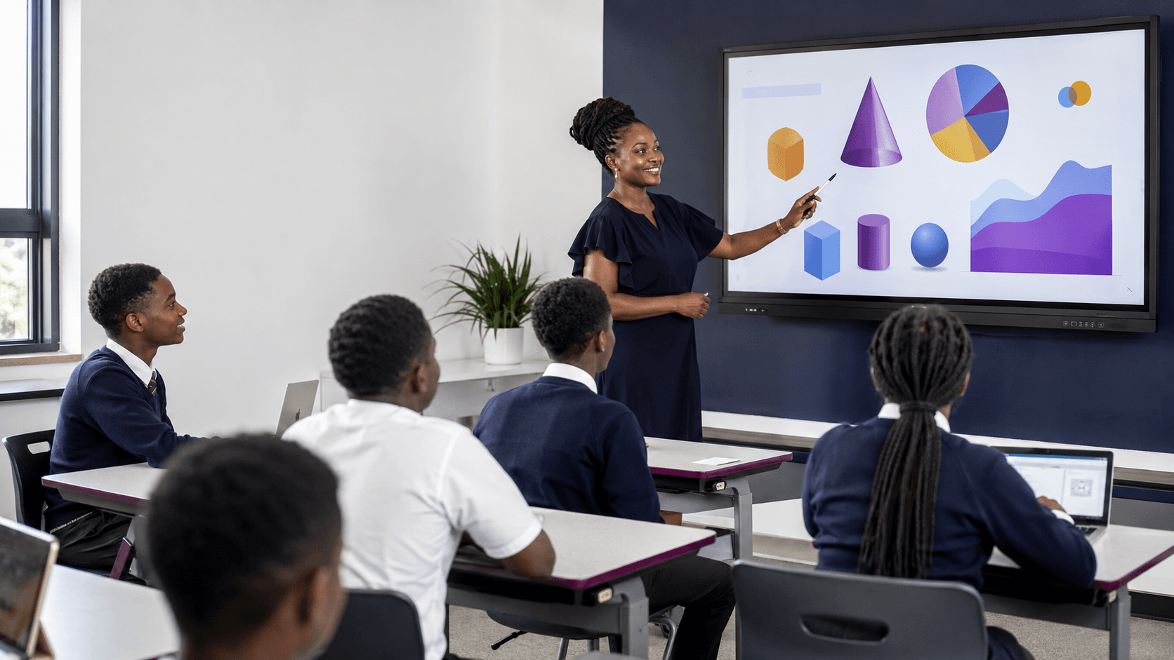 Teacher using an interactive display in a Kenyan classroom