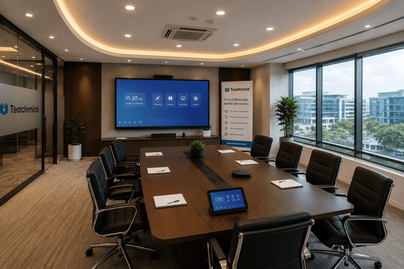A Teachmint connected boardroom with an interactive meeting display and touch controller