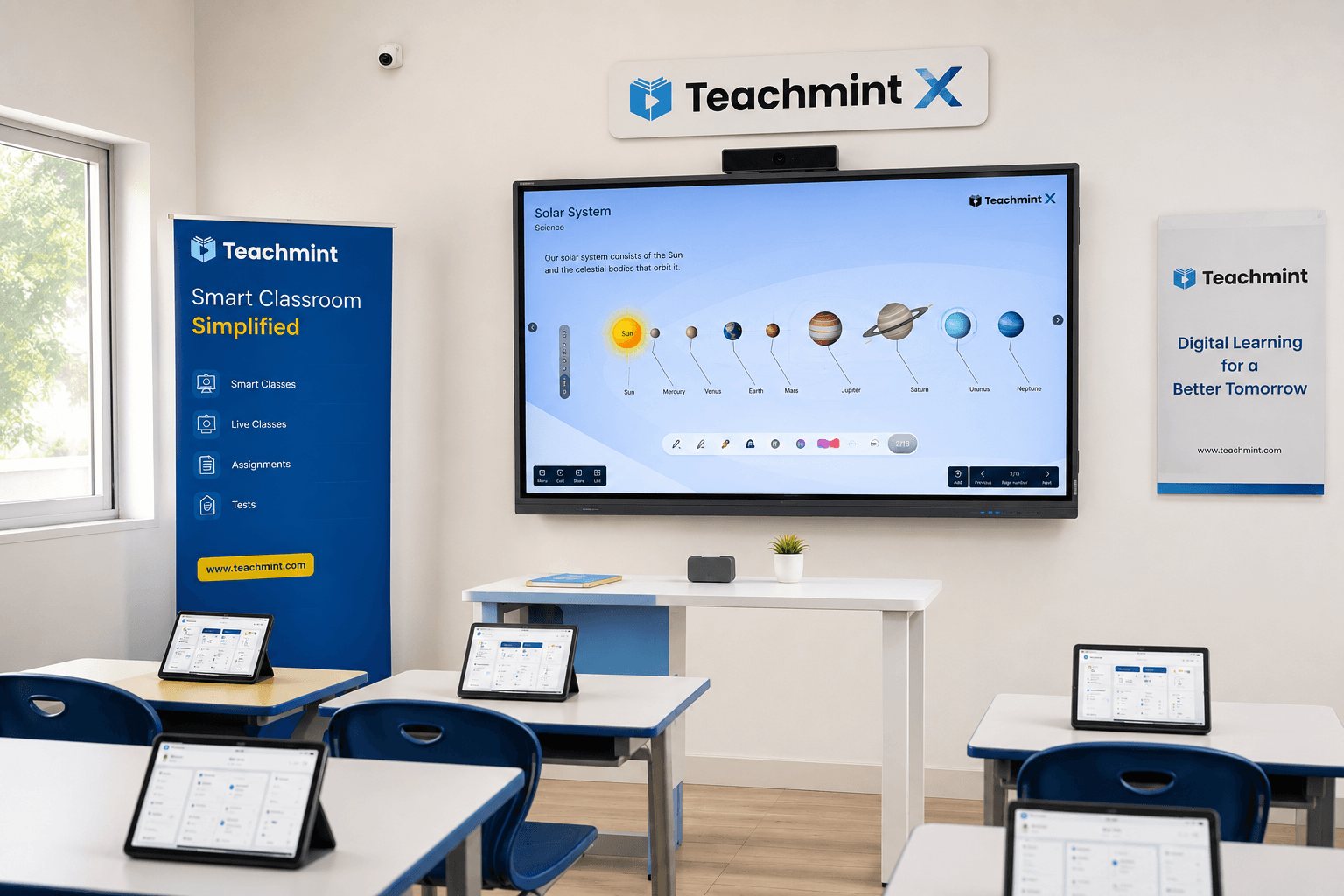 A Teachmint connected classroom with an interactive display and student tablets